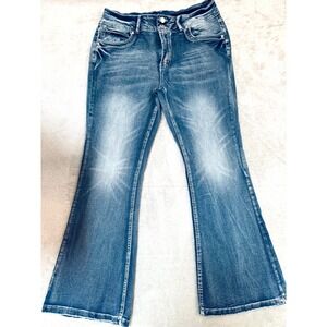 Women's XL Flare Jeans Stretch Mid Rise Blue Distressed Vintage Y2K Bootcut Deni